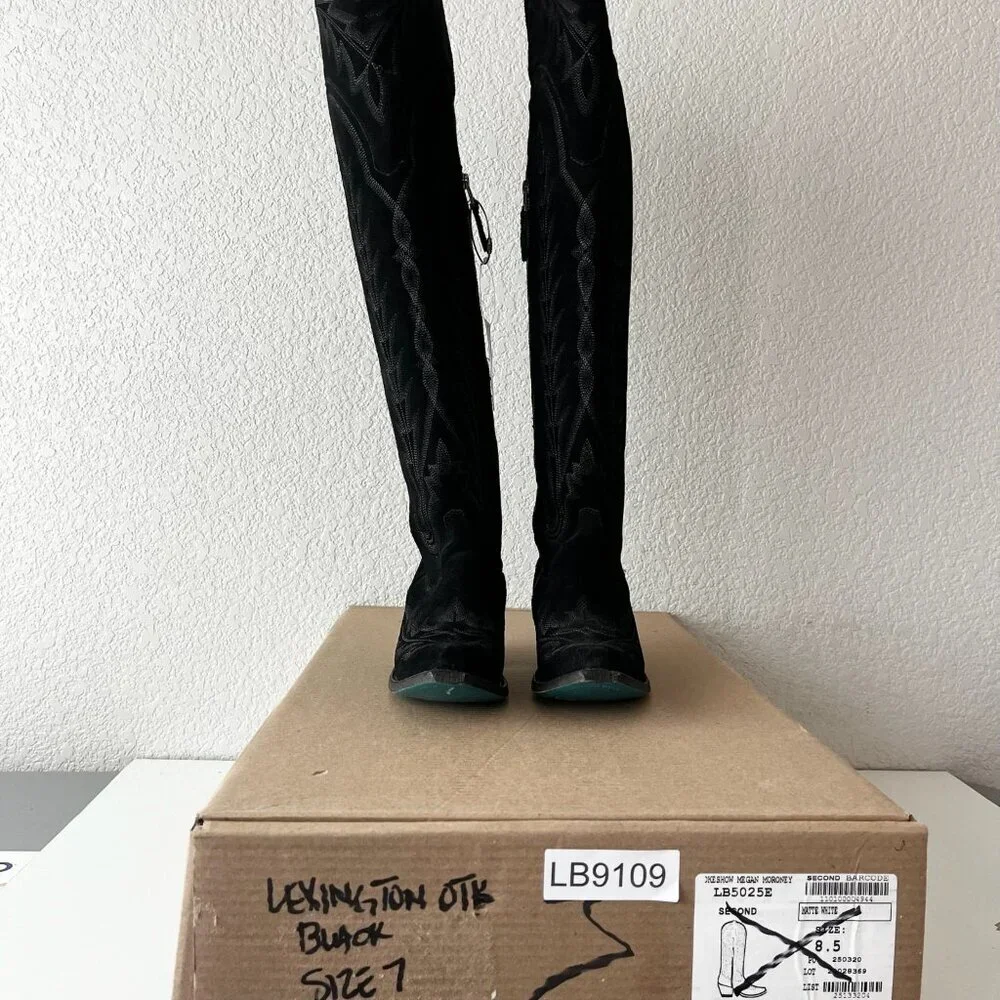 Lane LEXINGTON Over the Knee Cowboy Boots Black Suede Western Tall Snip Toe 7